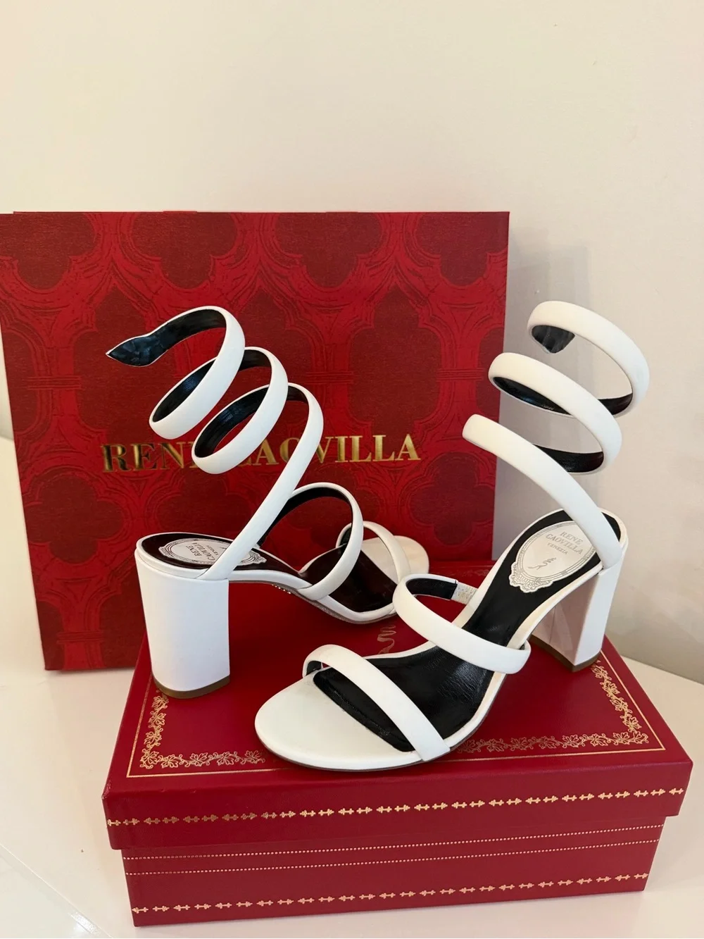 Rene Caovilla White Spiral Strap High-Heel Sandals - Picture 3 of 4